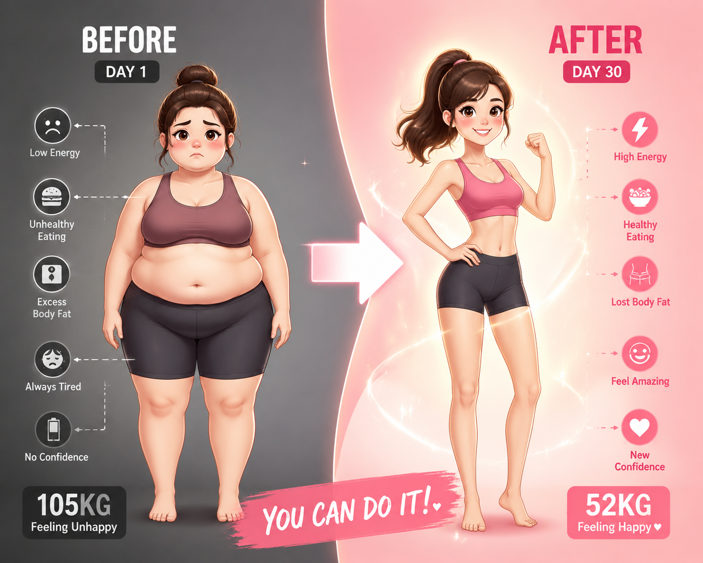 Before and After cartoon illustration of a woman losing weight and gaining confidence