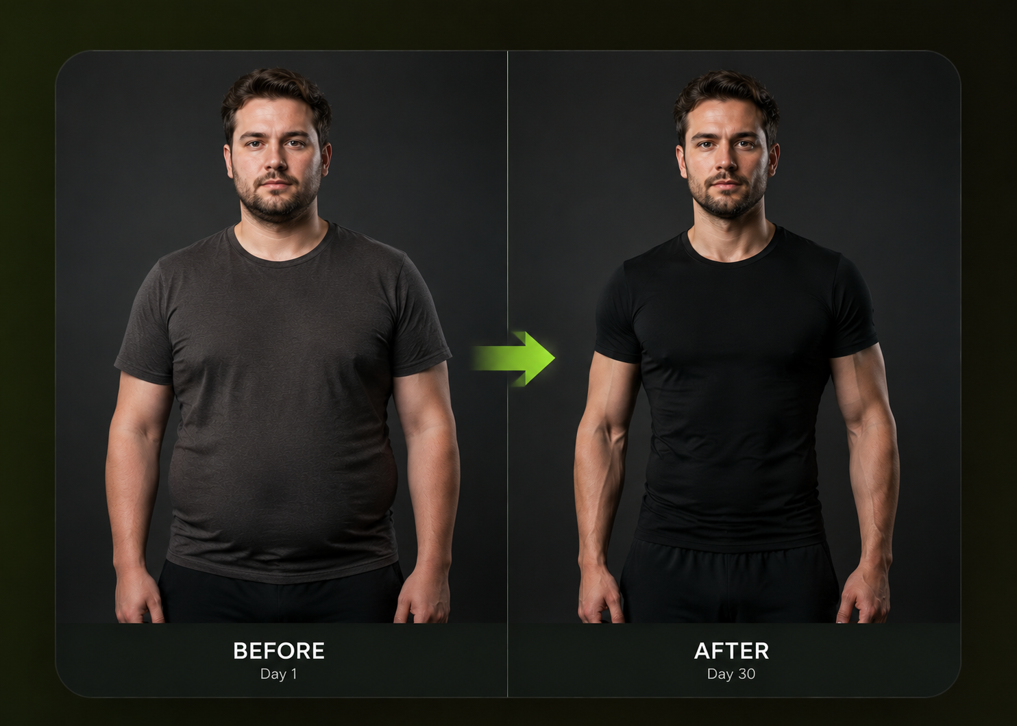 Before and After fitness transformation of a man with European features